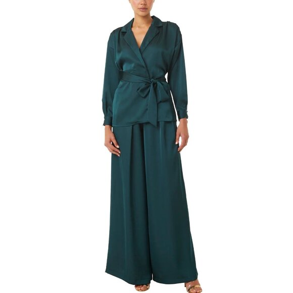 MISA Los Angeles XS Womens Emerald Green Satin Wrap Jacket Blouse Belted - Picture 2 of 11